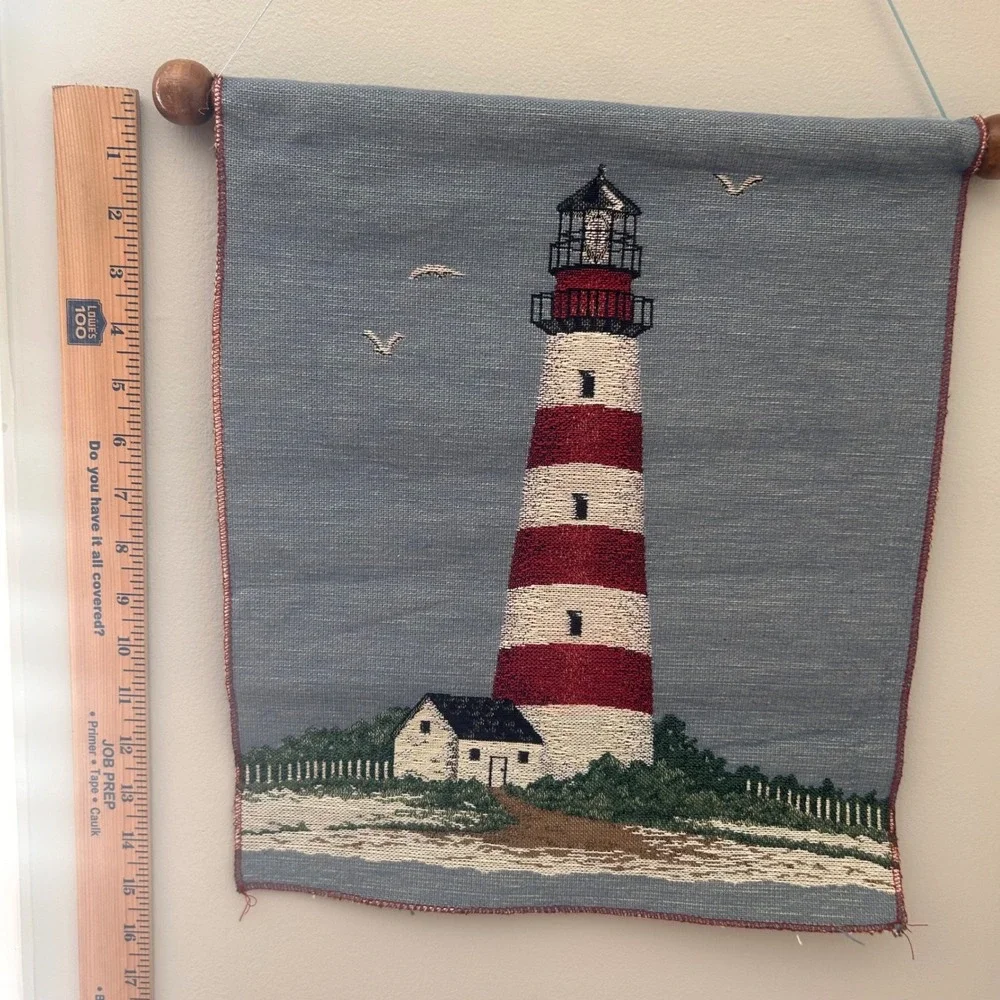 Vintage Woven Lighthouse Tapestry Wall Hanging Coastal Nautical Decor Wood Rod